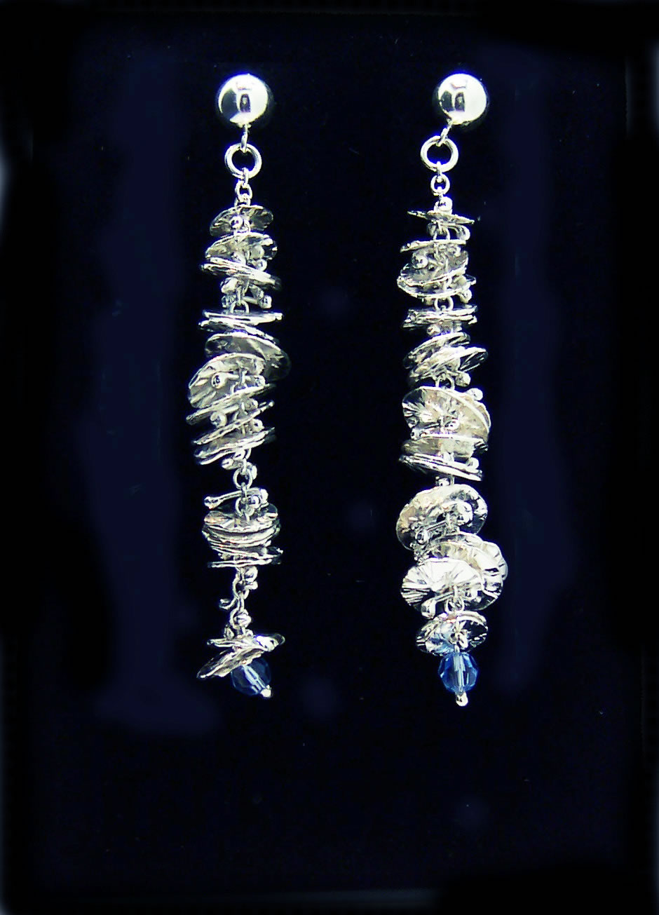Silver Catkin Stud Earrings with Single Blue Bead
